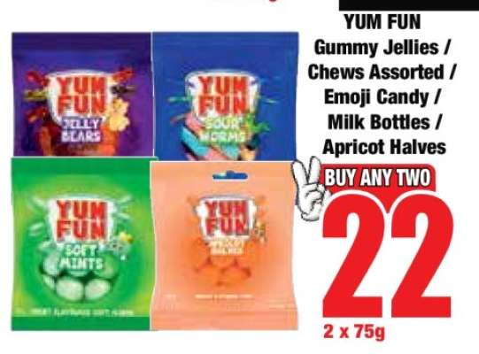 YUM FUN Gummy Jellies / Chews Assorted / Emoji Candy / Milk Bottles / Apricot Halves