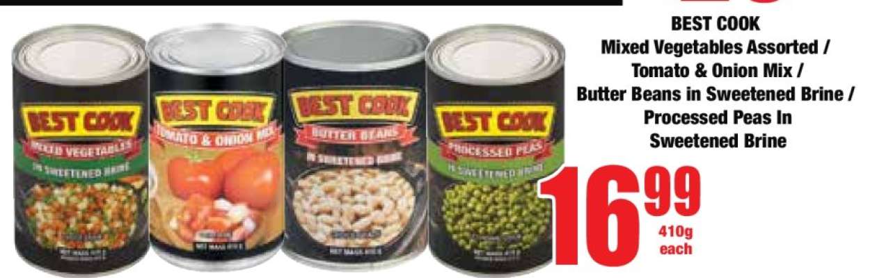 BEST COOK Mixed Vegetables Assorted / Tomato & Onion Mix / Butter Beans In Sweetened Brine / Processed Peas in Sweetened Brine