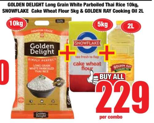 GOLDEN DELIGHT Long Grain White Parboiled Thai Rice 10kg, SNOWFLAKE Cake Wheat Flour 5kg & GOLDEN RAY Cooking Oil 2L