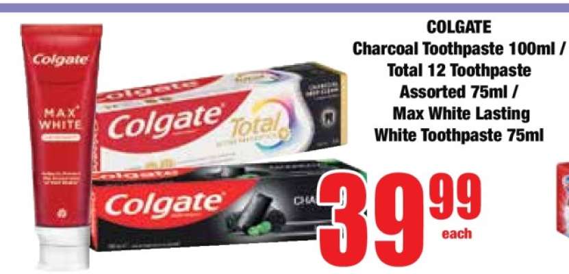 COLGATE Charcoal Toothpaste 100ml / Total 12 Toothpaste Assorted 75ml / Max White Lasting White Toothpaste 75ml