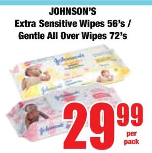 JOHNSON’S Extra Sensitive Wipes 56’s / Gentle All Over Wipes 72’s
