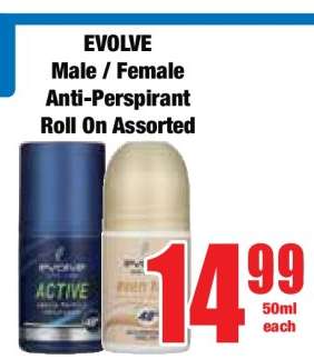 EVOLVE Male / Female Anti-Perspirant Roll On Assorted