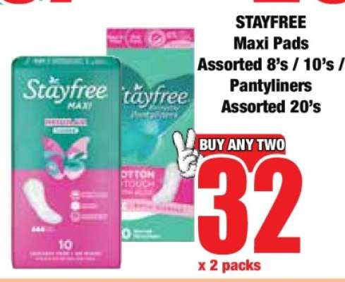 STAYFREE Maxi Pads Assorted 8's / 10's / Pantyliners Assorted 20's