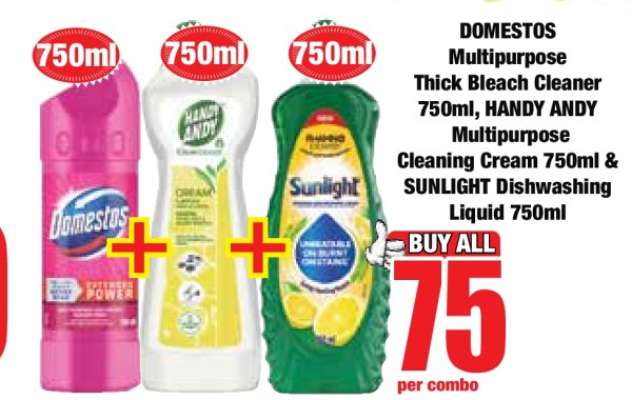 DOMESTOS Multipurpose Thick Bleach Cleaner 750ml, HANDY ANDY Multipurpose Cleaning Cream 750ml & SUNLIGHT Dishwashing Liquid 750ml