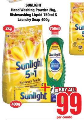 SUNLIGHT Hand Washing Powder 2kg, Dishwashing Liquid 750ml & Laundry Soap 400g