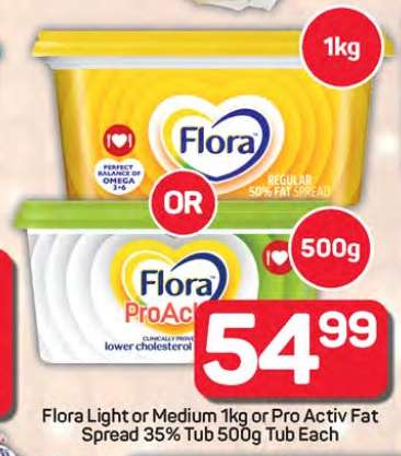 Flora Light or Medium 1kg or Pro Activ Fat Spread 500g