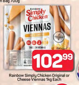 Rainbow Simply Chicken Original or Cheese Viennas 1kg