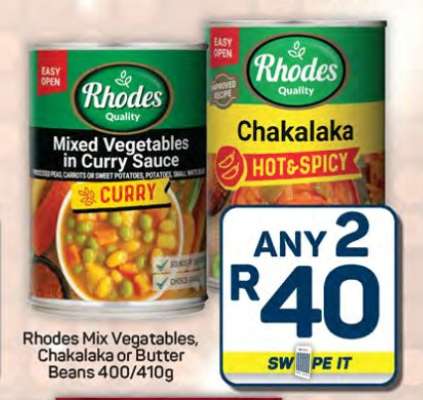 Rhodes Mix Vegetables, Chakalaka or Butter Beans