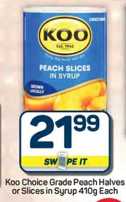 Koo Choice Grade Peach Halves or Slices in Syrup 410g