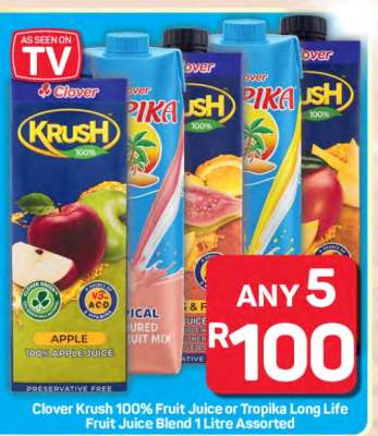 Clover Krush 100% Fruit Juice or Tropika Long Life Fruit Juice Blend
