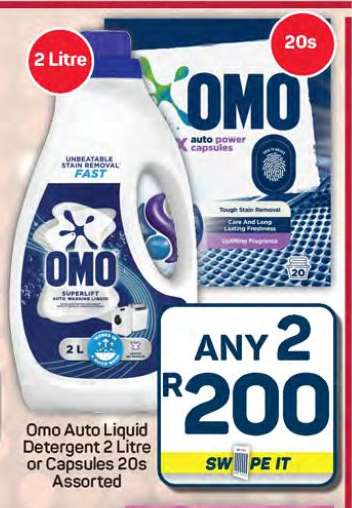 Omo Auto Liquid Detergent 2 Litre or Capsules 20s Assorted