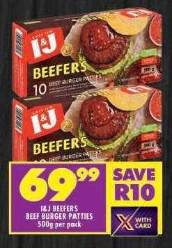 I&J BEEFERS BEEF BURGER PATTIES 500g per pack