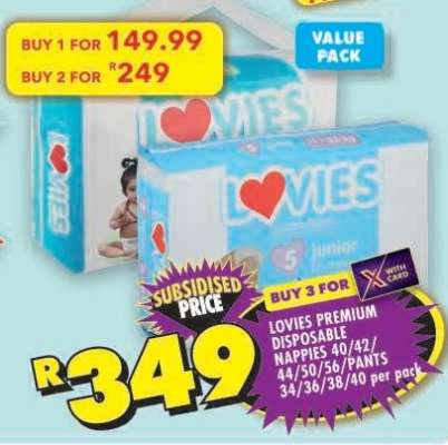 LOVIES PREMIUM DISPOSABLE NAPPIES 40/42/44/50/56/PANTS 34/36/38/40 per pack