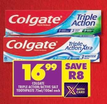 COLGATE TRIPLE ACTION/ACTIVE SALT TOOTHPASTE 75ml/100ml each