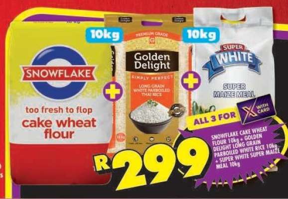 Snowflake Cake Wheat Flour 10kg + Golden Delight Long Grain Parboiled White Rice 10kg + Super White Super Maize Meal 10kg
