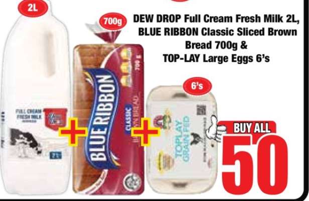 DEW DROP Full Cream Fresh Milk 2L, BLUE RIBBON Classic Sliced Brown Bread 700g & TOP-LAY Large Eggs 6's