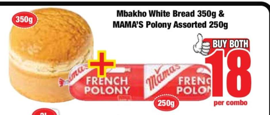 Mbakho White Bread 350g & MAMA’S Polony Assorted 250g