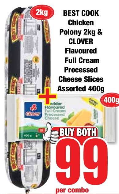 BEST COOK Chicken Polony 2kg & CLOVER Flavoured Full Cream Processed Cheese Slices Assorted 400g