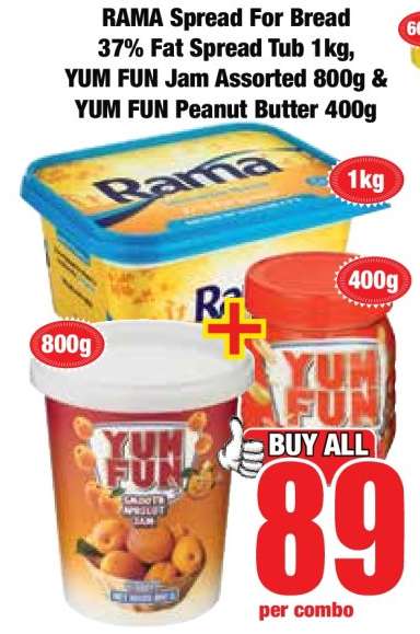 RAMA Spread For Bread 37% Fat Spread Tub 1kg, YUM FUN Jam Assorted 800g & YUM FUN Peanut Butter 400g