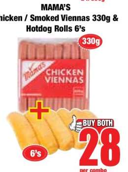 MAMA'S Chicken / Smoked Viennas 330g & Hotdog Rolls 6's