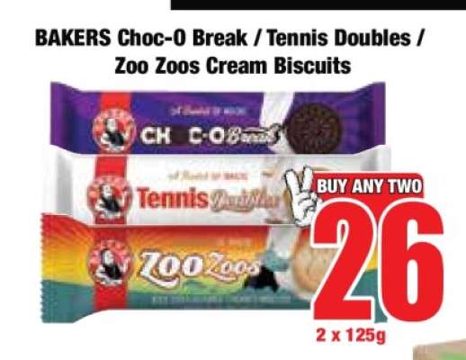 BAKERS Choc-O Break / Tennis Doubles / Zoo Zoos Cream Biscuits