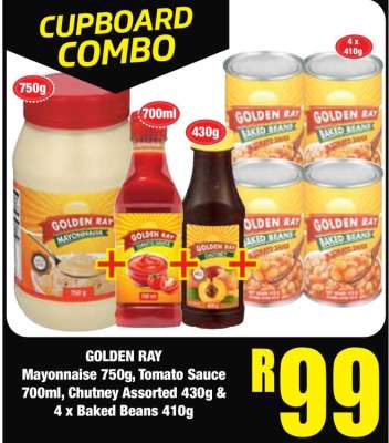 GOLDEN RAY Mayonnaise 750g, Tomato Sauce 700ml, Chutney Assorted 430g & 4 x Baked Beans 410g