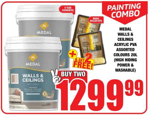 MEDAL WALLS & CEILINGS ACRYLIC PVA ASSORTED COLOURS 20L (HIGH HIDING POWER & WASHABLE)