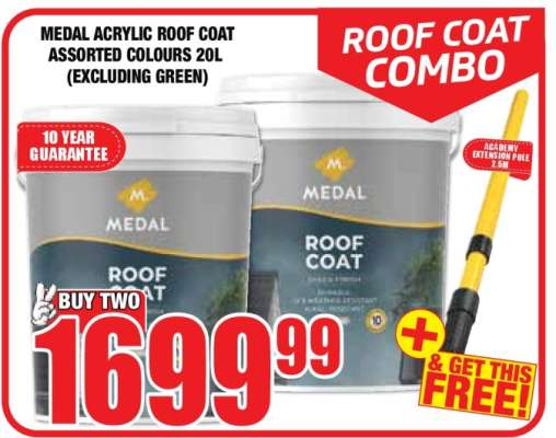 MEDAL ACRYLIC ROOF COAT ASSORTED COLOURS 20L (EXCLUDING GREEN)
