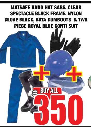 MATSAFE HARD HAT SABS, CLEAR SPECTACLE BLACK FRAME, NYLON GLOVE BLACK, BATA GUMBOOTS & TWO PIECE ROYAL BLUE CONTI SUIT