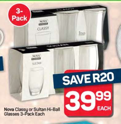 Nova Classy or Sultan Hi-Ball Glasses 3-Pack