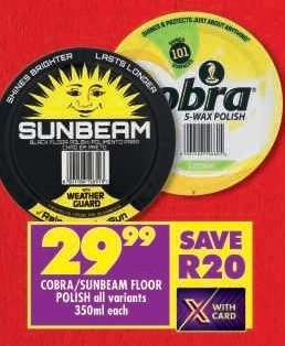 COBRA/SUNBEAM FLOOR POLISH all variants 350ml each