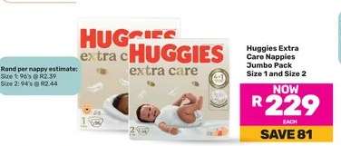 Huggies Extra Care Nappies Jumbo Pack Size 1 and Size 2