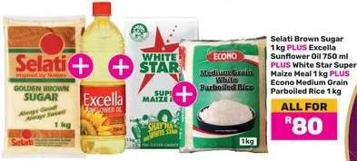 Selati Brown Sugar, Excella Sunflower Oil, White Star Super Maize Meal, Econo Medium Grain Parboiled Rice