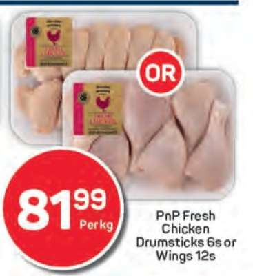 PnP Fresh Chicken Drumsticks 6s or Wings 12s