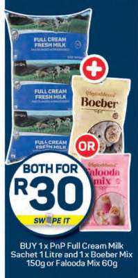 PnP Full Cream Milk Sachet 1 Litre and Boeber Mix 150g or Falooda Mix 60g