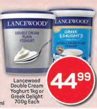 Lancewood Double Cream Yoghurt 1kg or Greek Delight 700g