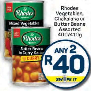 Rhodes Vegetables, Chakalaka or Butter Beans Assorted 400/410g