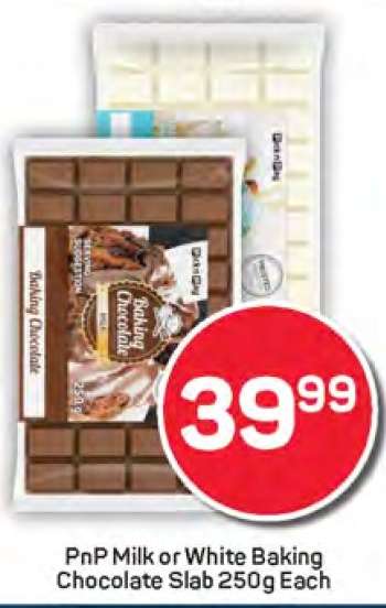 PnP Milk or White Baking Chocolate Slab 250g Each