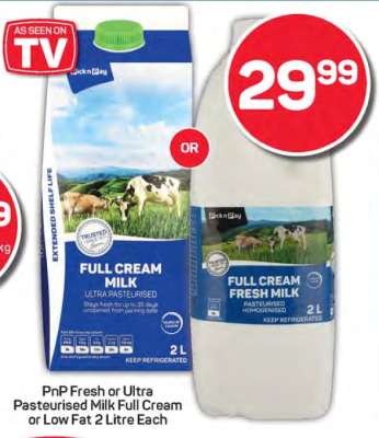 PnP Fresh or Ultra Pasteurised Milk Full Cream or Low Fat 2 Litre Each