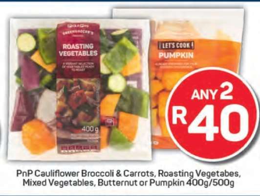 PnP Cauliflower Broccoli & Carrots, Roasting Vegetables, Mixed Vegetables, Butternut or Pumpkin 400g/500g