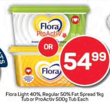 Flora Light 40%, Regular 50% Fat Spread 1kg Tub or ProActiv 500g Tub Each