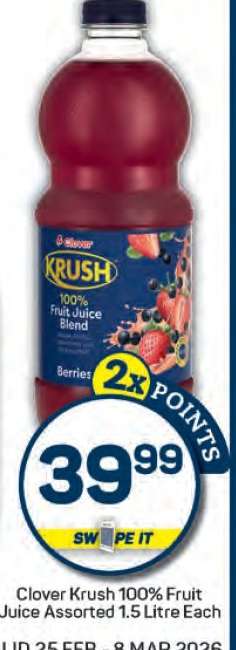 Clover Krush 100% Fruit Juice Assorted 1.5 Litre Each