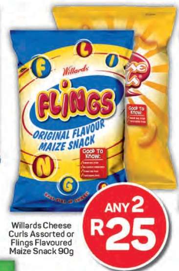 Willards Cheese Curls Assorted or Flings Flavoured Maize Snack 90g