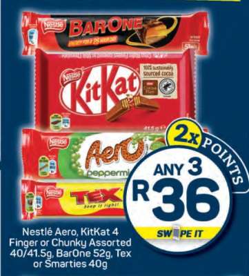 Nestlé Aero, KitKat 4 Finger or Chunky Assorted 40/41.5g, BarOne 52g, Tex or Smarties 40g