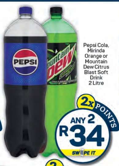 Pepsi Cola, Mirinda Orange or Mountain Dew Citrus Blast Soft Drink 2 Litre