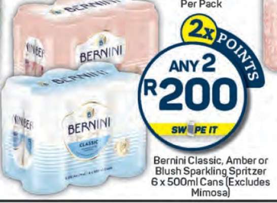 Bernini Classic, Amber or Blush Sparkling Spritzer 6 x 500ml Cans (Excludes Mimosa)