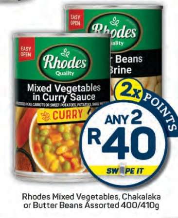 Rhodes Mixed Vegetables, Chakalaka or Butter Beans Assorted 400/410g
