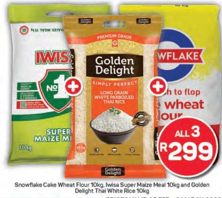 Snowflake Cake Wheat Flour 10kg, Iwisa Super Maize Meal 10kg and Golden Delight Thai White Rice 10kg
