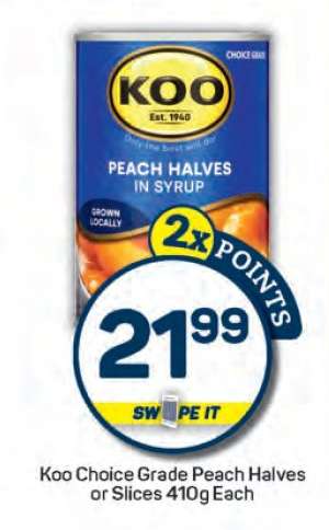 Koo Choice Grade Peach Halves or Slices 410g Each