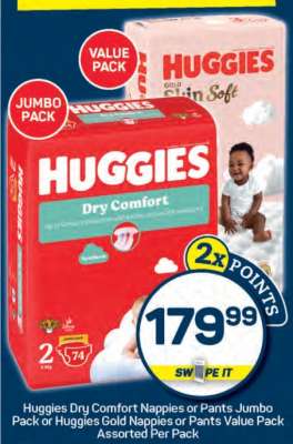 Huggies Dry Comfort Nappies or Pants Jumbo Pack or Huggies Gold Nappies or Pants Value Pack
